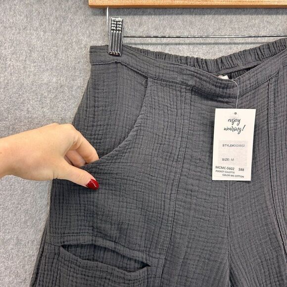Color Me Cotton CMC Medium Wide-Leg Cropped Pants Elastic Waist Pockets Gray NWT - Picture 4 of 13